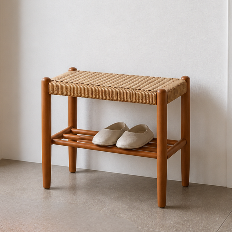 Japanese Cherry Wood Bench with Woven Cowhide Rope Seat