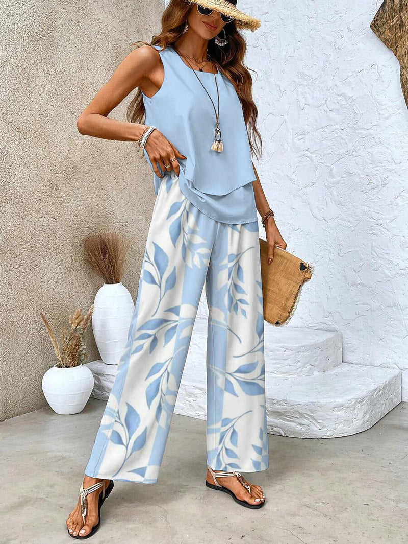 Ladies' Summer Set with Sleeveless Top and Wide Trousers with Leaf Pattern