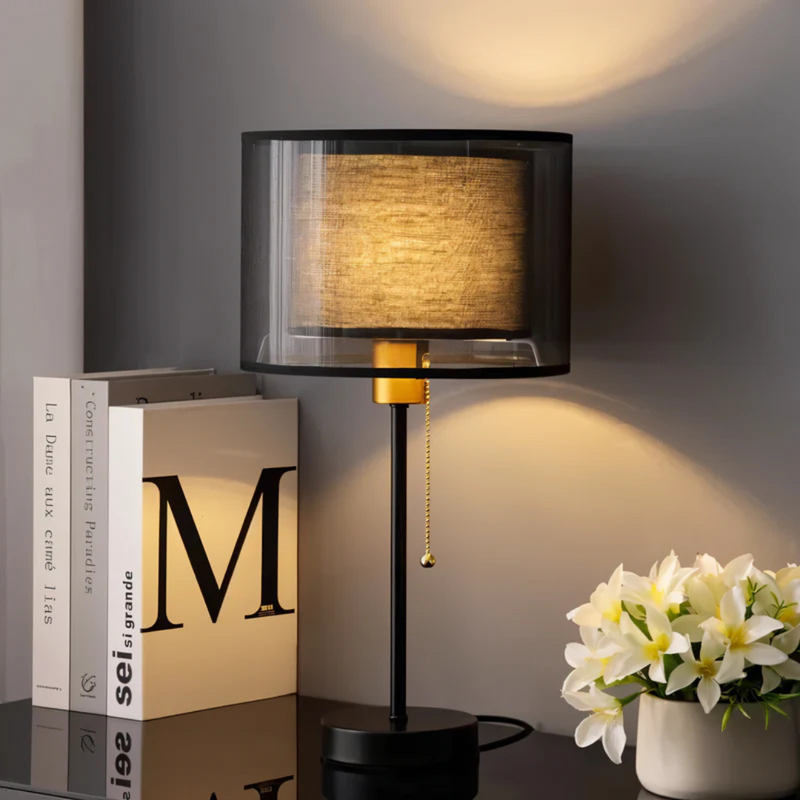Vintage Table Lamp with Double Fabric Shade for Warm Ambient Light LED