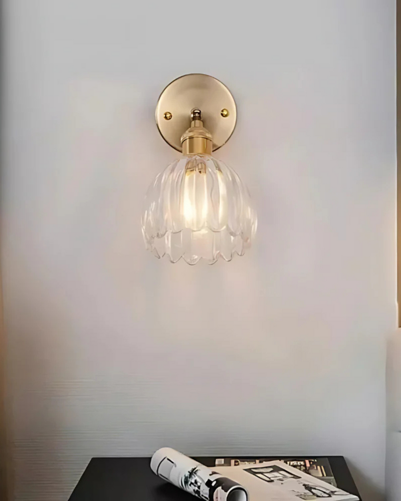 Flower-Inspired Glass Wall Sconce with Brass-Tone Fixture & Scalloped Shade