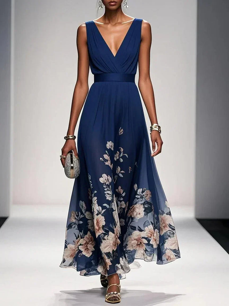 Ladies' Summer Dress with Floral Print and V-Neck for Weddings
