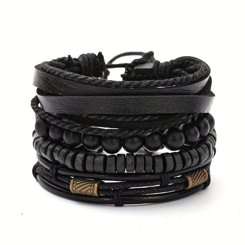 Stylish Leather and Wooden Bracelets Set - For the Modern Man