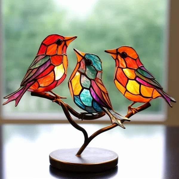 Modern bird table sculpture with coloured glass and decorative art design