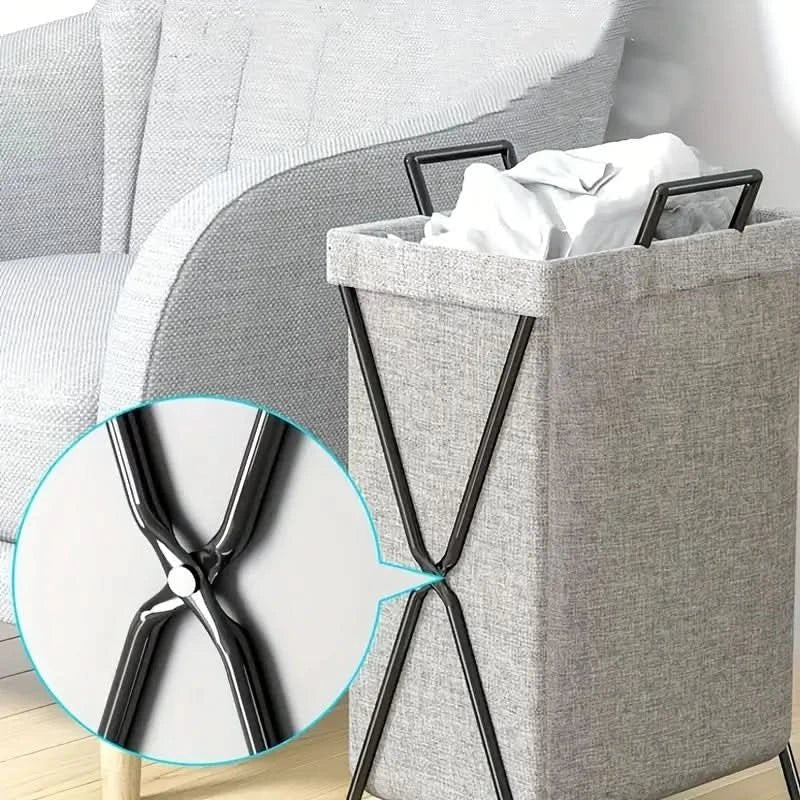 Foldable Laundry Basket with Metal Frame and Woven Fabric Storage Bag