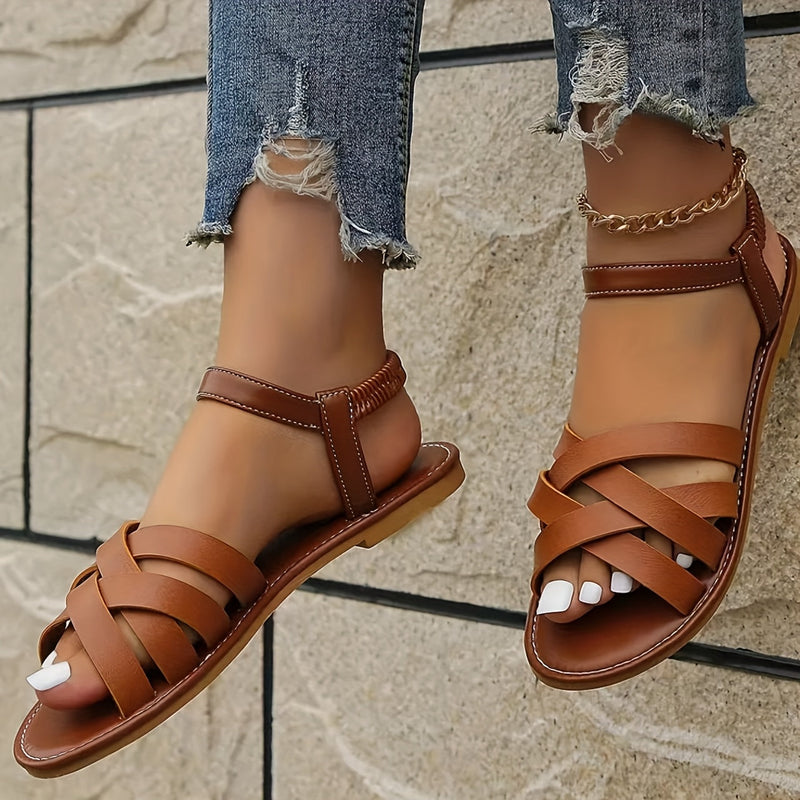 Elegant Ladies' Sandals with Crossed Straps and Comfortable Flat Sole