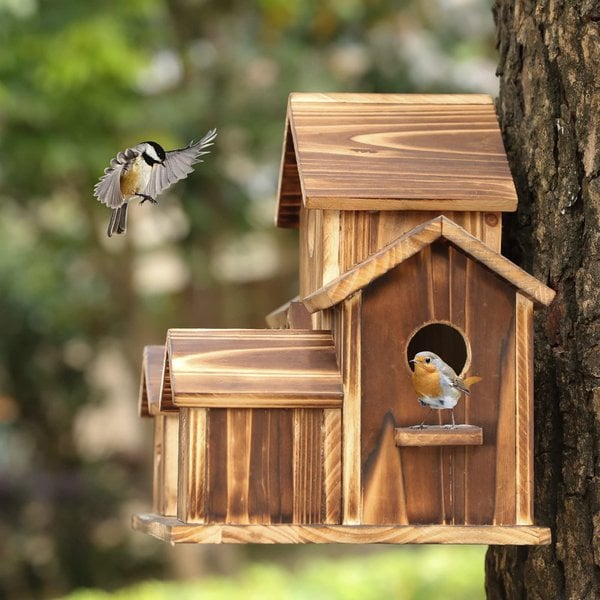 Rustic Wooden Hanging Birdhouse with Six Entrance Holes