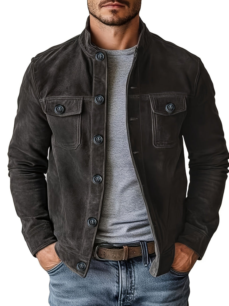 Men's Casual Jacket with Buttons and Stand-Up Collar – Vintage Work Jacket for Spring and Autumn