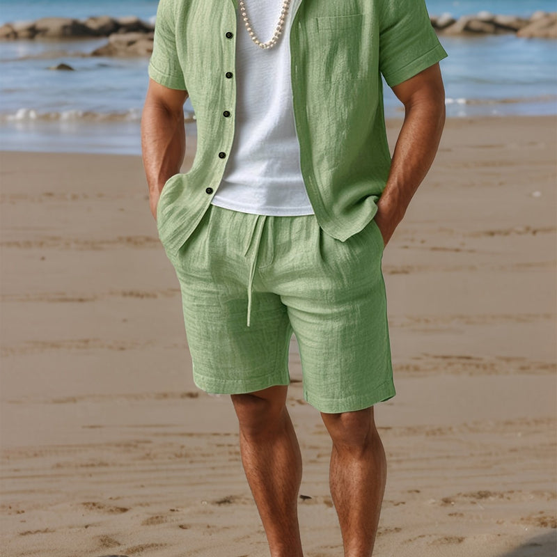 Linen Summer Set for Men with Short Sleeve Shirt and Comfortable Shorts