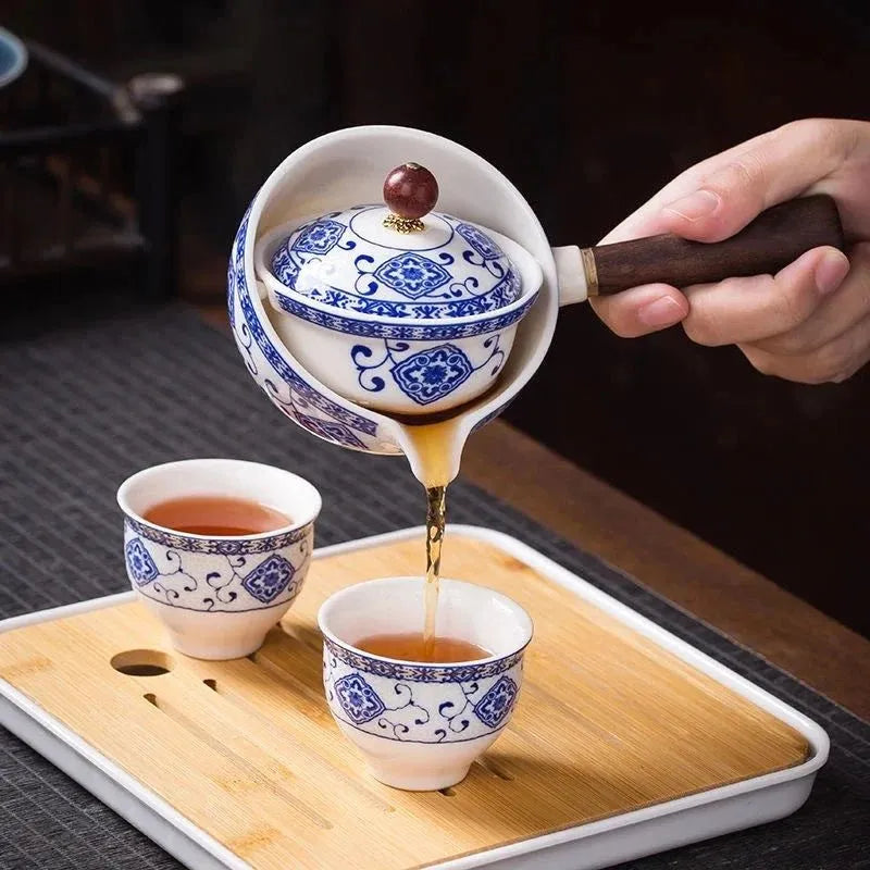 Porcelain Gongfu Tea Set with Wooden Side Handle & Fitted Lid