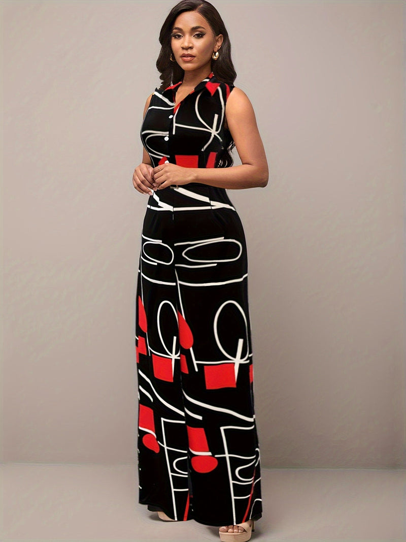 Elegant Geometric Printed Jumpsuit – Wide Legs and Belt for Parties and Casual Wear