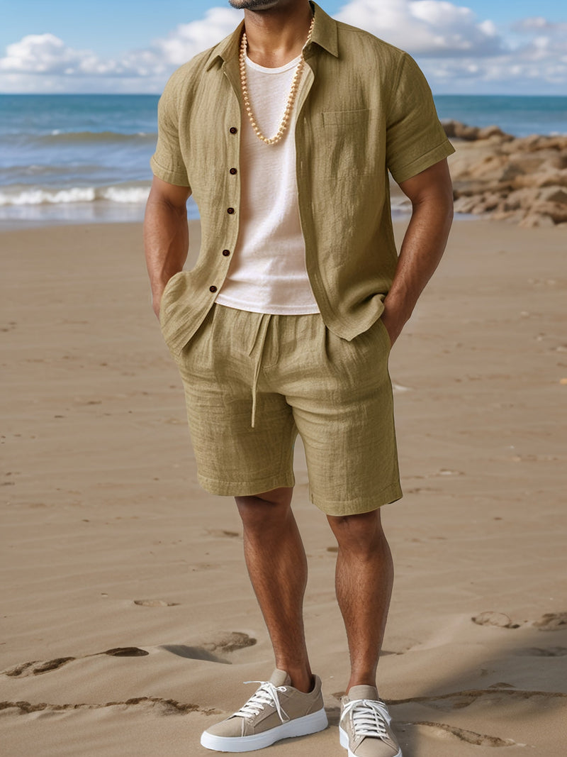 Linen Summer Set for Men with Short Sleeve Shirt and Comfortable Shorts