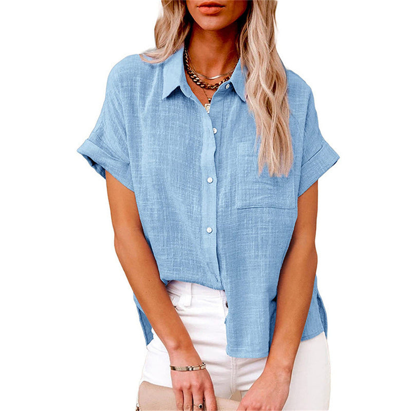 Summer Shirt Linen Blouse for Women with Button Closure and Short Sleeves