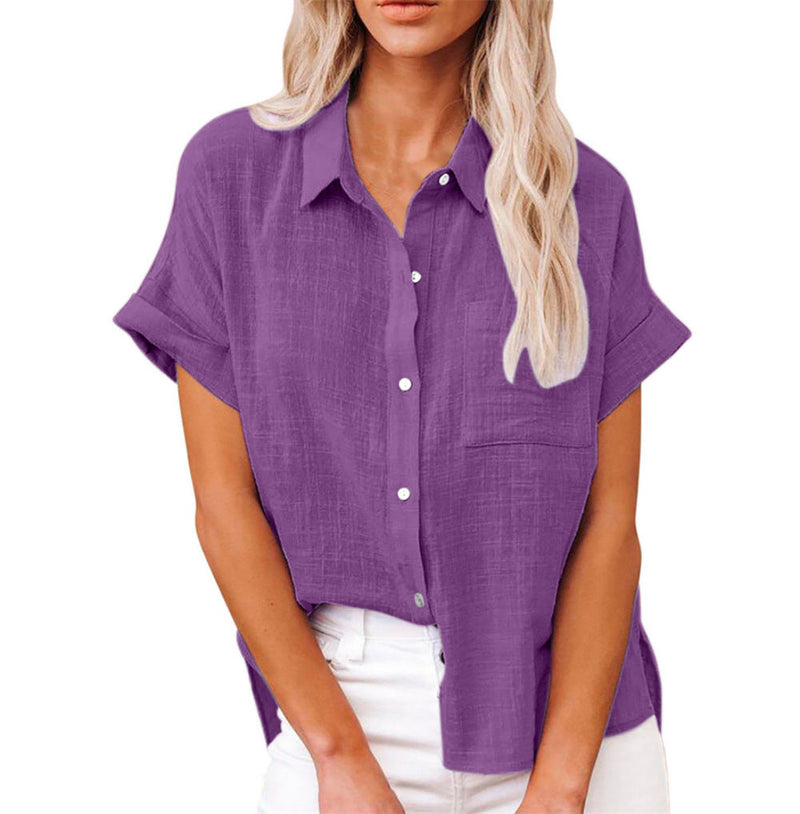Summer Shirt Linen Blouse for Women with Button Closure and Short Sleeves