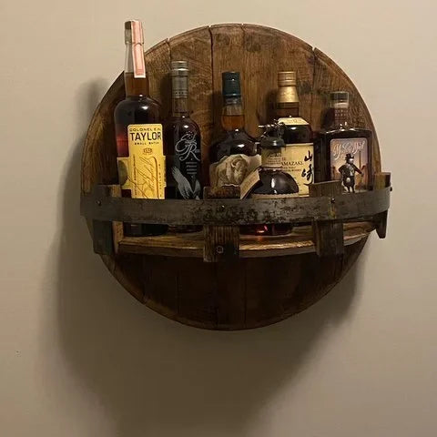 Wooden Wall-Mounted Drinks Display with Rustic and Industrial Look