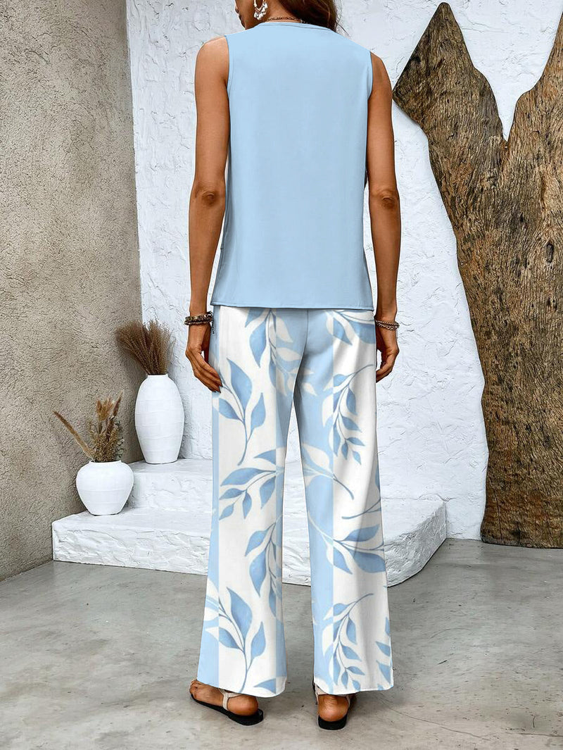 Ladies Two-Piece Set with Leaf Print and Wide Trousers for Summer Style