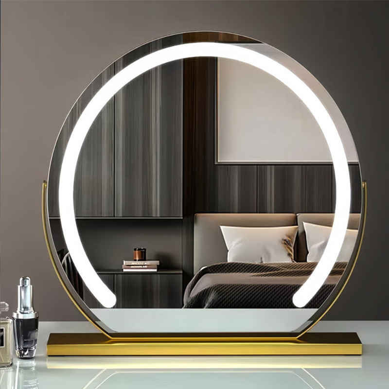 Round LED Dressing Table Mirror with Touch Controls and Rotating Frame