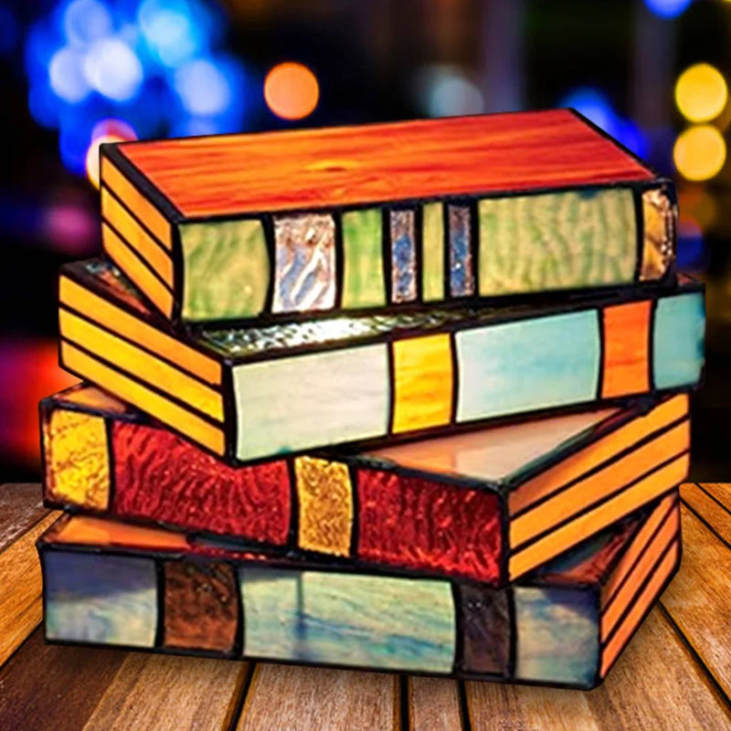 Stained Glass Stacked Book Table Lamp with Warm Glow