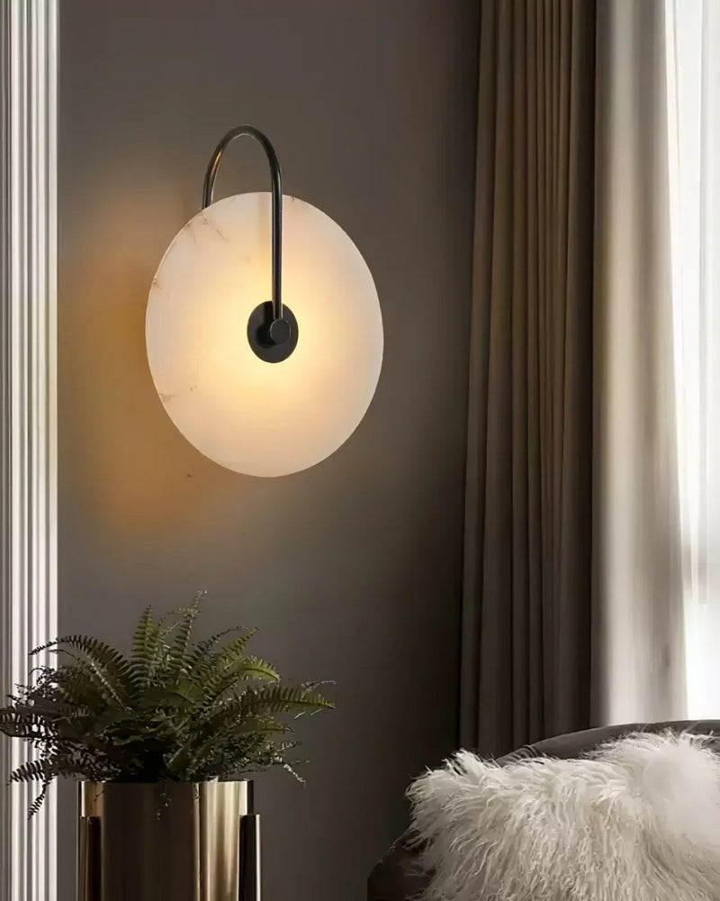 Alabaster LED Wall Lamp with Circular Stone Shade & Warm Ambient Light