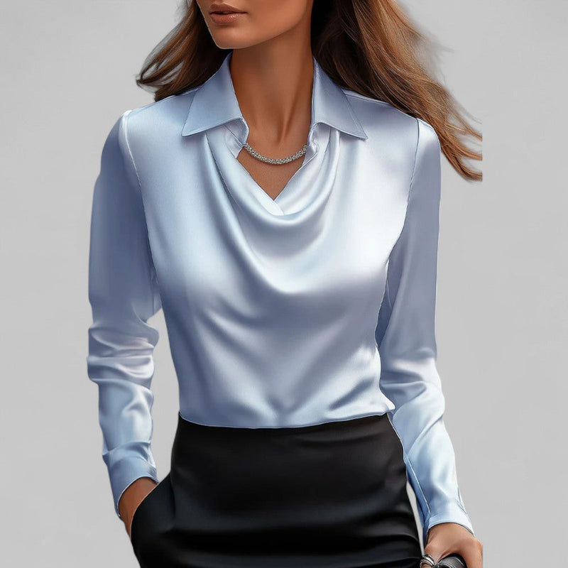 Ladies Satin Blouse with Waterfall Neckline and Long Sleeves