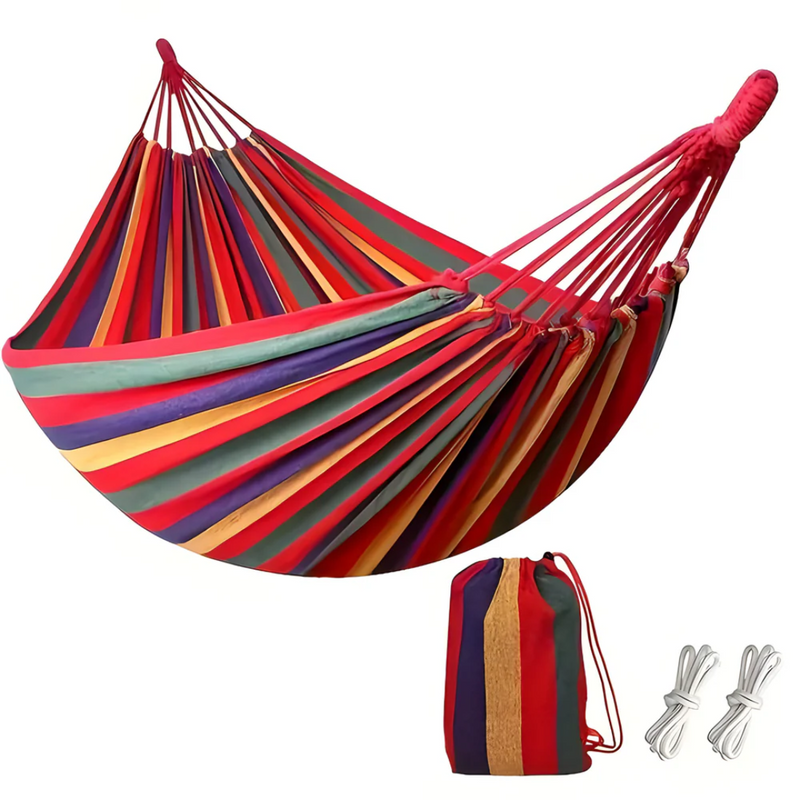 Striped Fabric Hammock with Rope Loops for Indoor and Outdoor Use