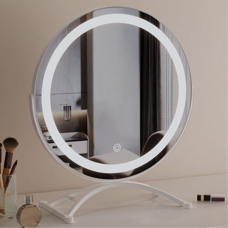 Round LED Make-Up Mirror with Touch Dimming and Rotating Metal Stand