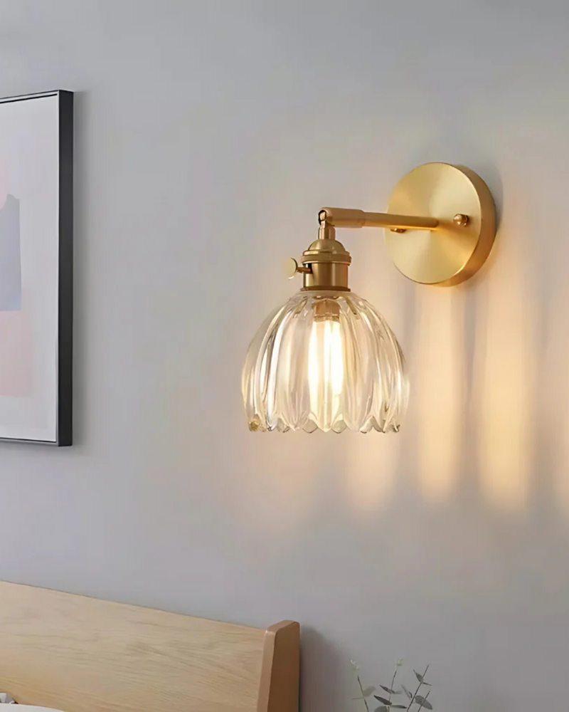 Flower-Inspired Glass Wall Sconce with Brass-Tone Fixture & Scalloped Shade