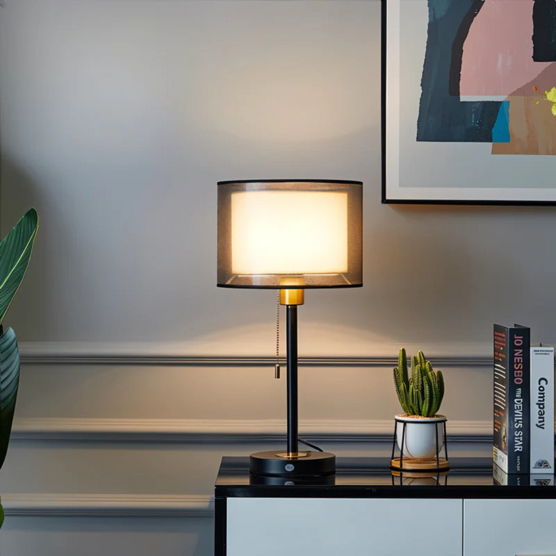 Vintage Table Lamp with Double Fabric Shade for Warm Ambient Light LED