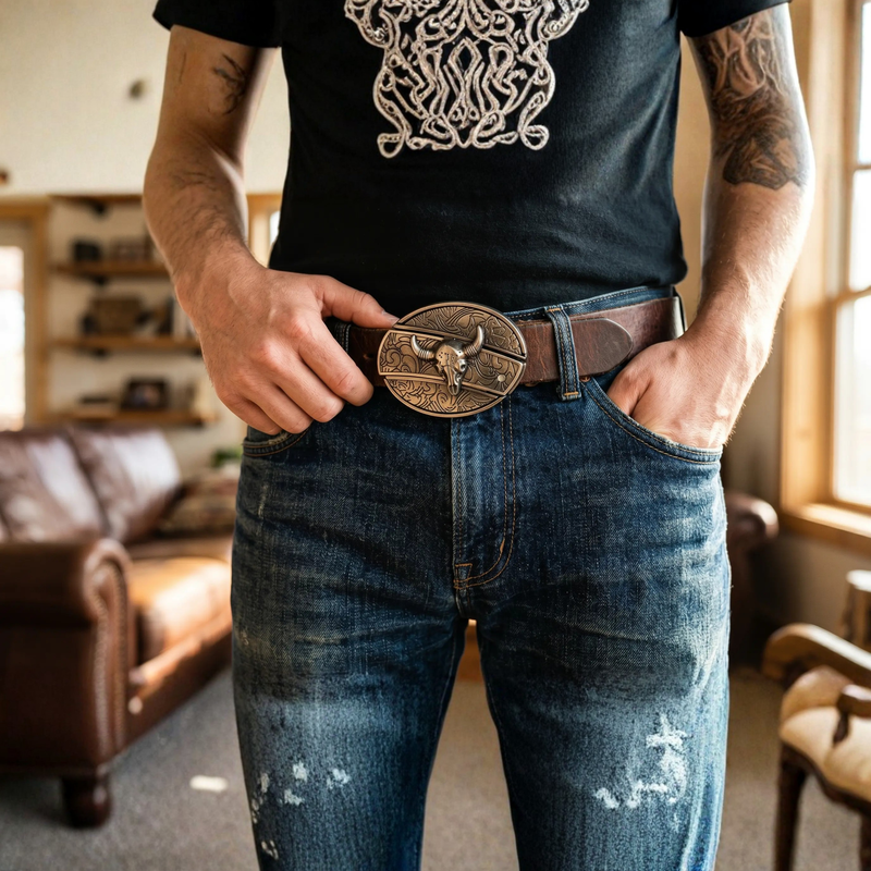 Western Oval Belt Buckle with Decorative Motif
