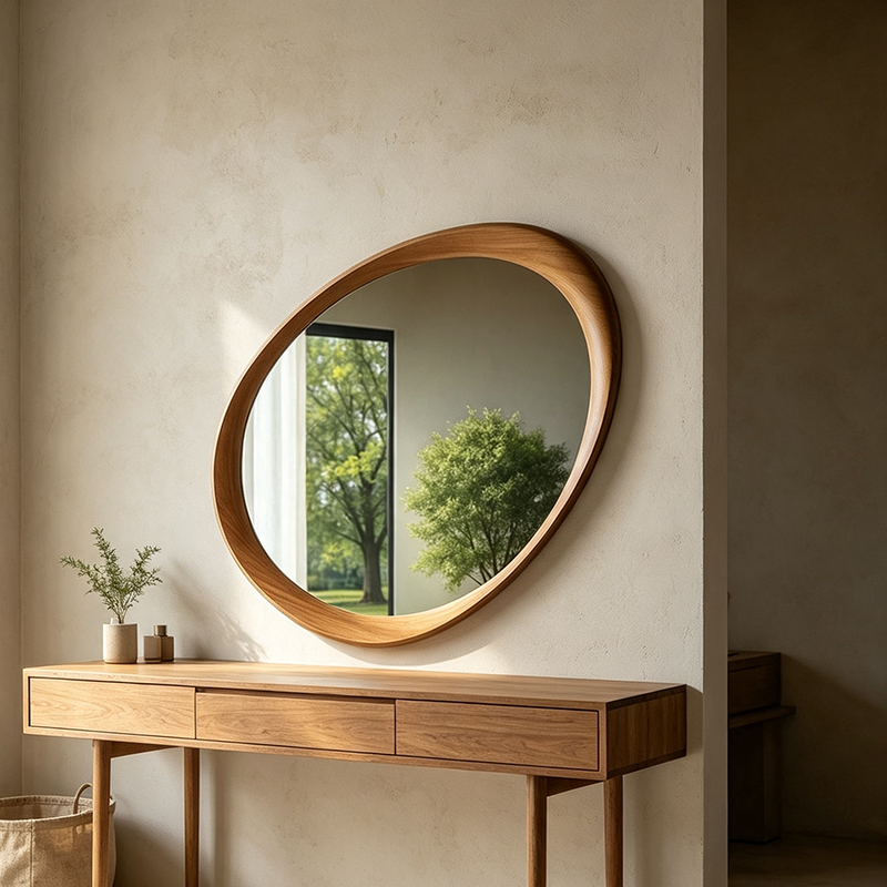 Oval Rubberwood Wall Mirror with Tempered Glass