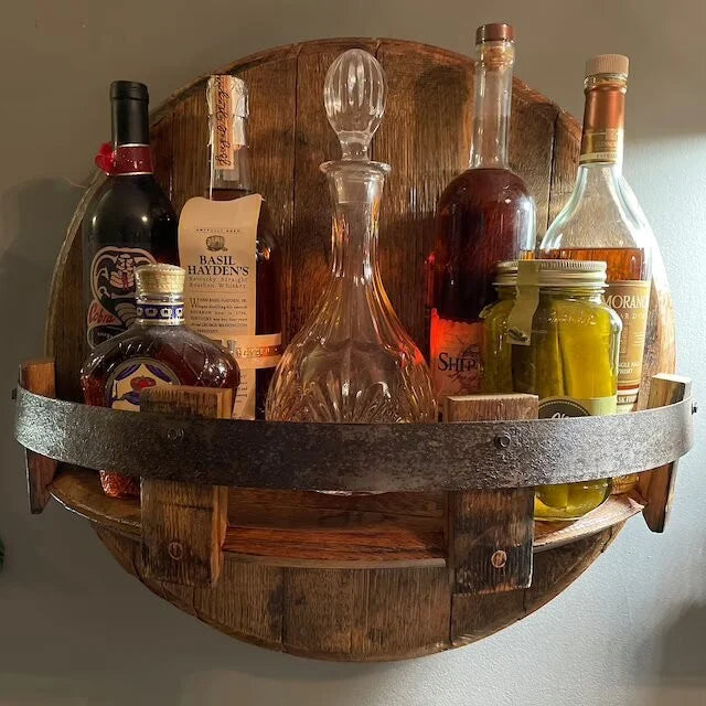 Wooden Wall-Mounted Drinks Display with Rustic and Industrial Look