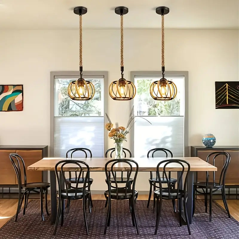 Industrial Pendant Light with Braided Rope and Metal Frame for Interior
