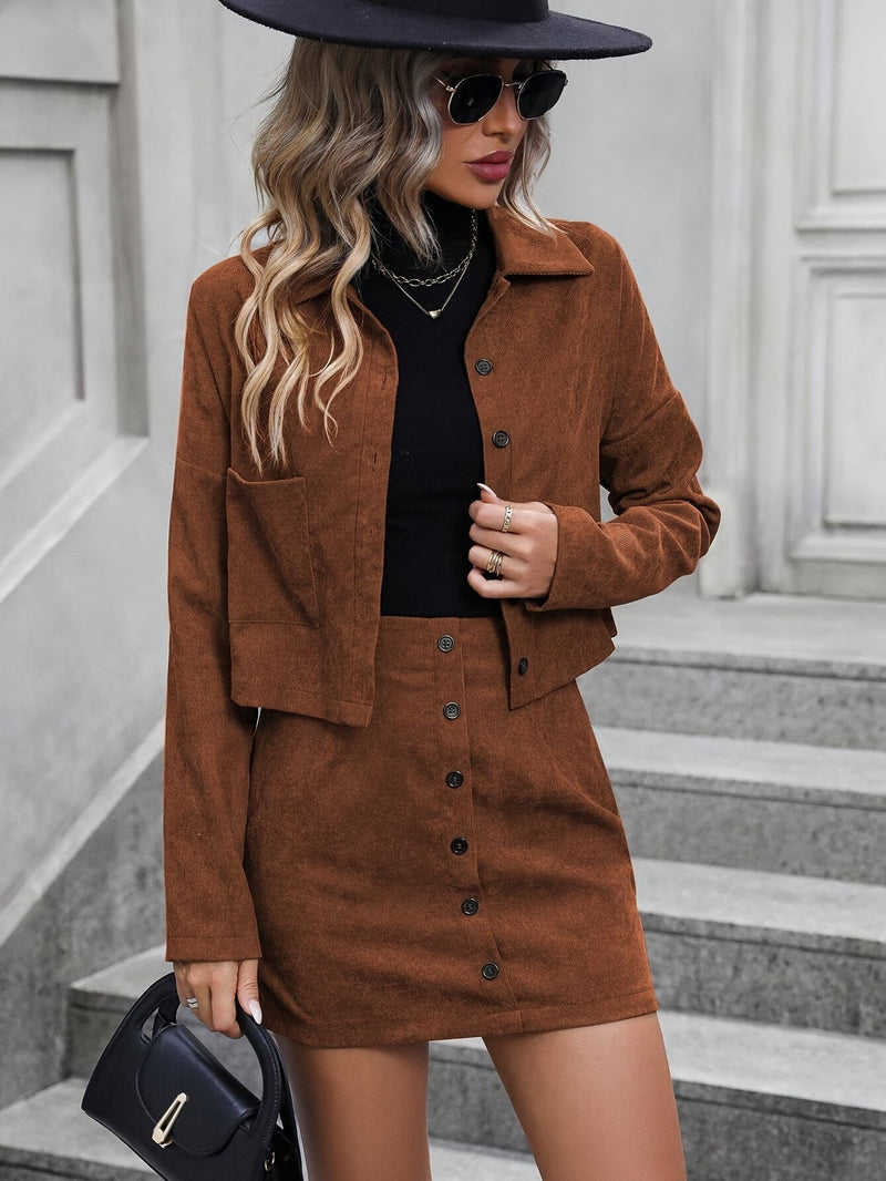 Elegant Corduroy Women's Set with Jacket and Skirt – Stylish for Spring & Autumn