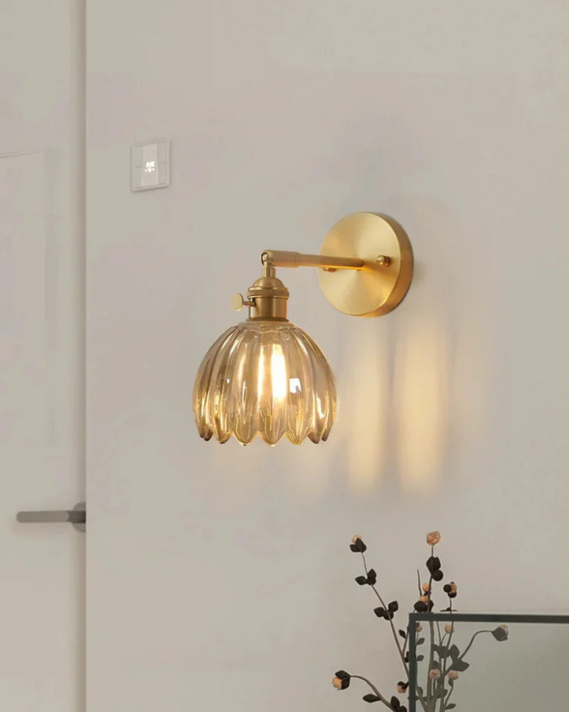 Flower-Inspired Glass Wall Sconce with Brass-Tone Fixture & Scalloped Shade