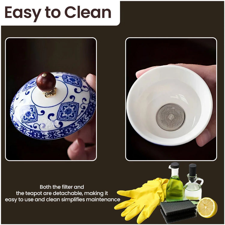 Porcelain Gongfu Tea Set with Wooden Side Handle & Fitted Lid