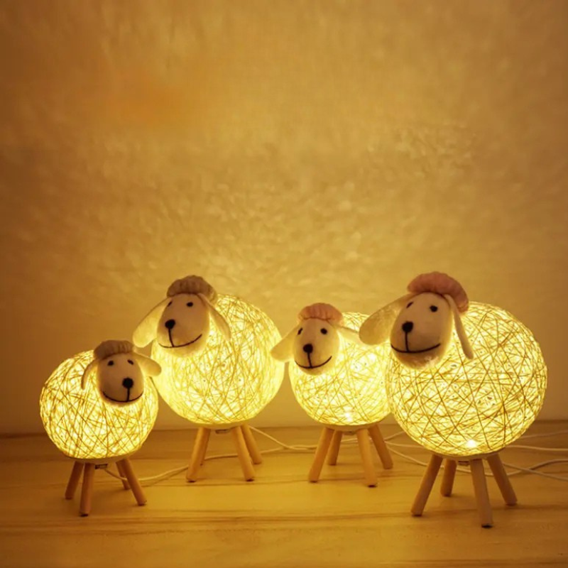 Sheep Night Light with Woven Shade and Wooden Base for a Warm Atmosphere