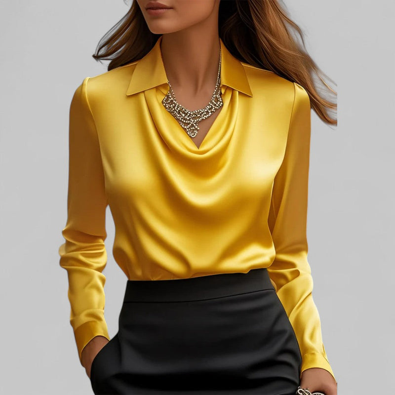 Ladies Satin Blouse with Waterfall Neckline and Long Sleeves