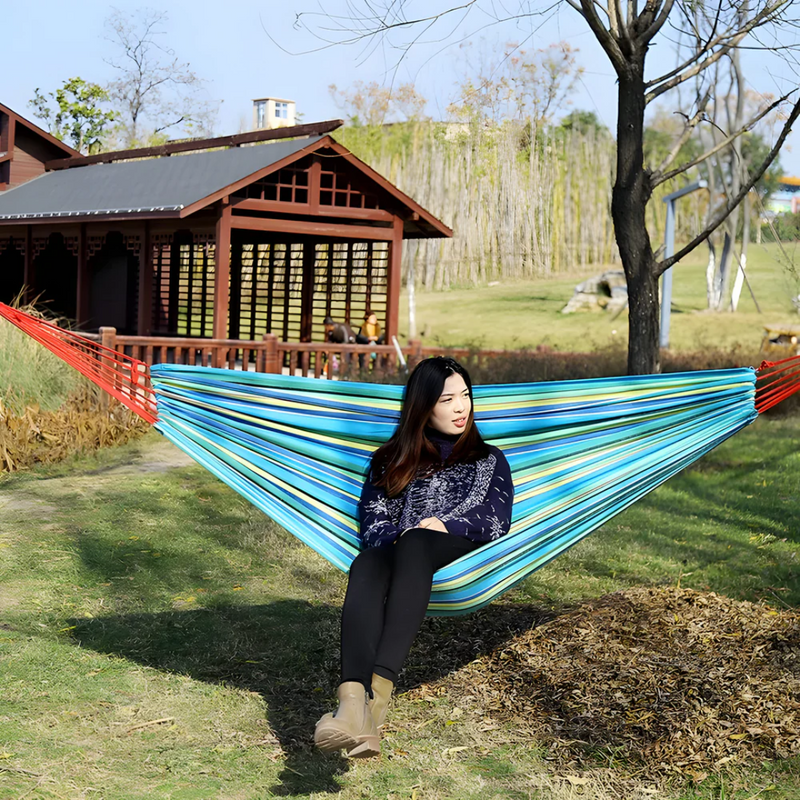 Striped Fabric Hammock with Rope Loops for Indoor and Outdoor Use