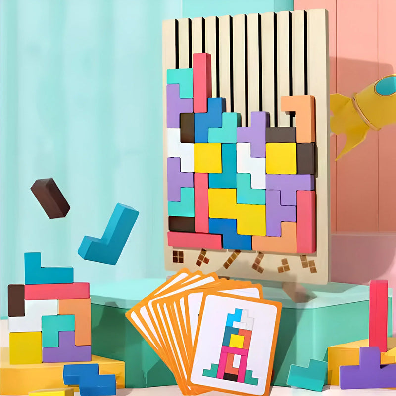 Wooden Tetris Stacking Puzzle with Challenge Cards
