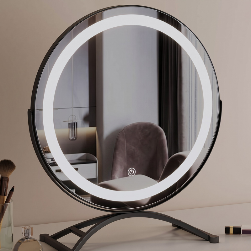 Round LED Make-Up Mirror with Touch Dimming and Rotating Metal Stand