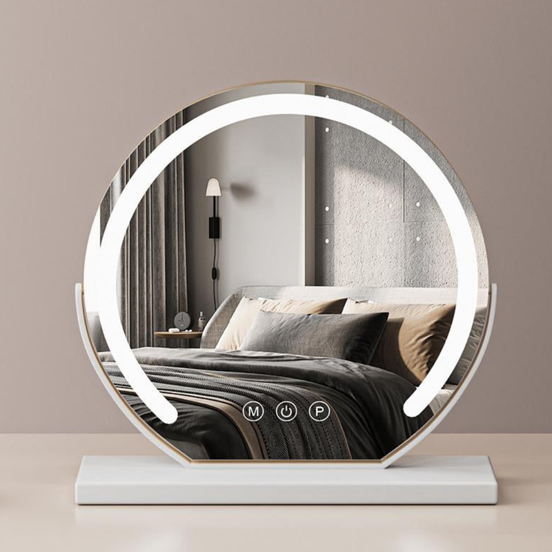 Round LED Dressing Table Mirror with Touch Controls and Rotating Frame