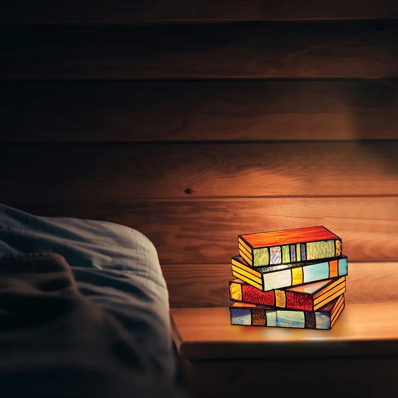 Stained Glass Stacked Book Table Lamp with Warm Glow
