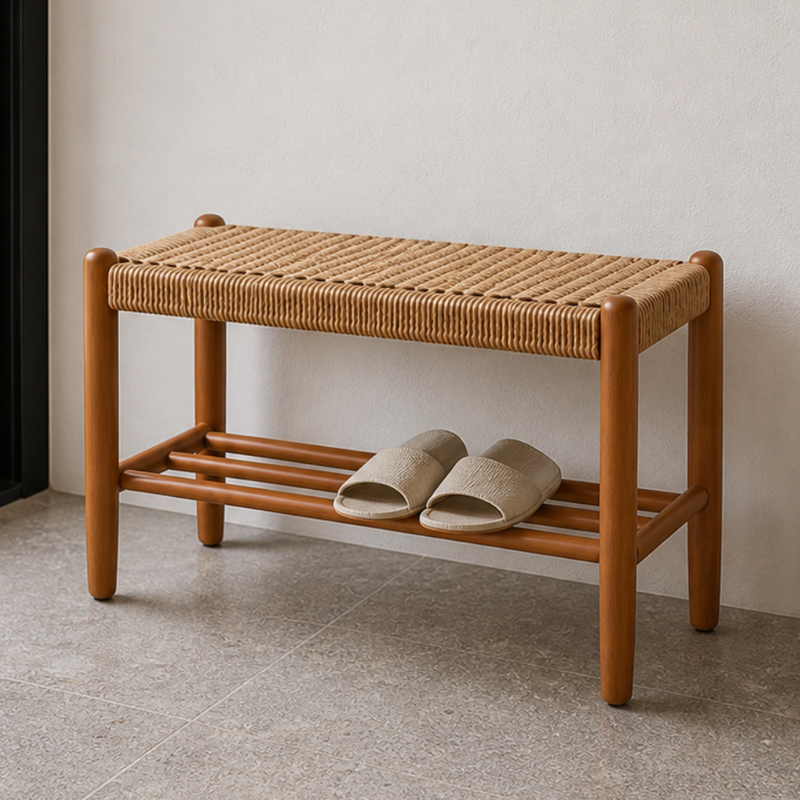 Japanese Cherry Wood Bench with Woven Cowhide Rope Seat