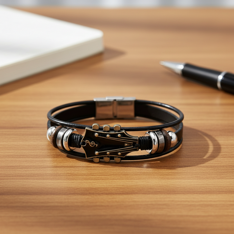 Unisex Leather Bracelet with Guitar-Inspired Design for Everyday Wear