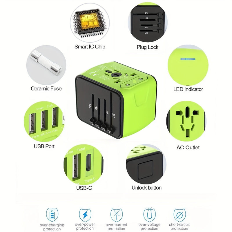 Travel Adapter with 4 USB Ports and Type-C – Global Charger with Fast Charging and Safety Features