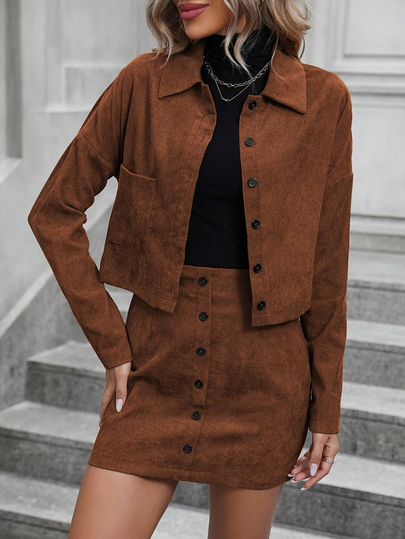 Elegant Corduroy Women's Set with Jacket and Skirt – Stylish for Spring & Autumn