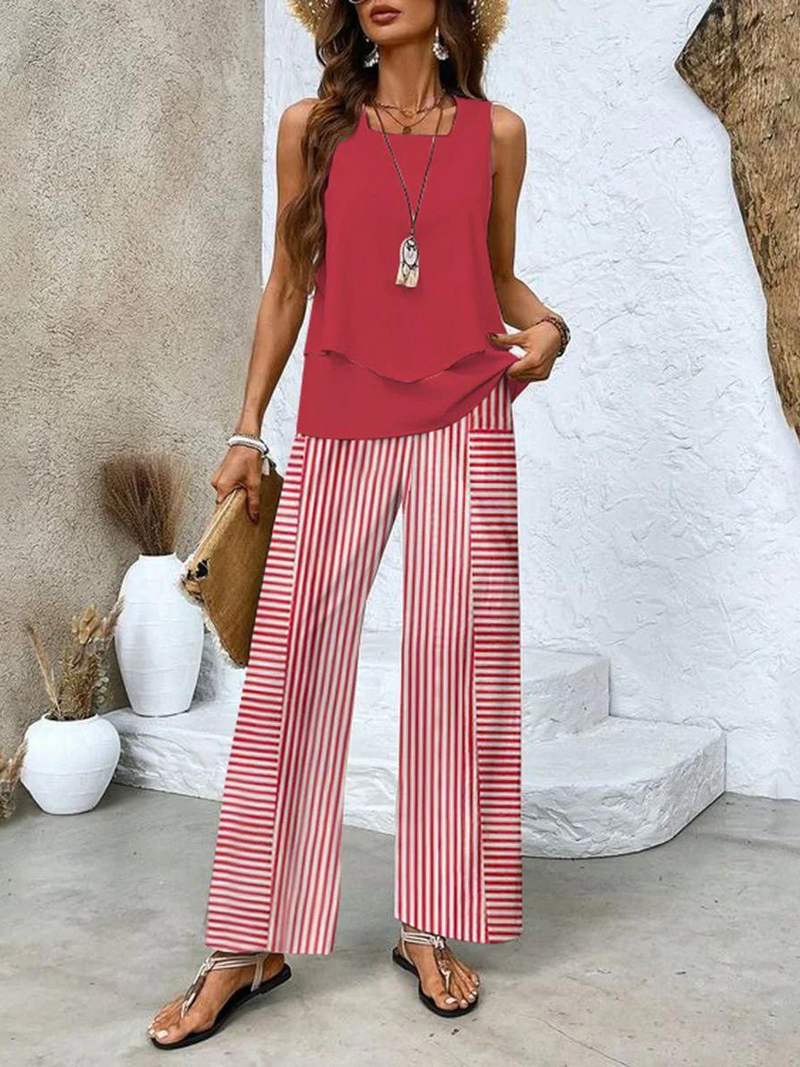 Ladies' Summer Set with Sleeveless Top and Wide Trousers with Leaf Pattern
