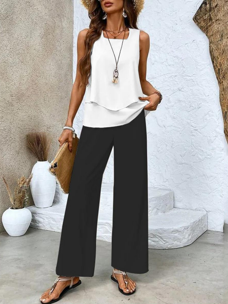 Ladies' Summer Set with Sleeveless Top and Wide Trousers with Leaf Pattern