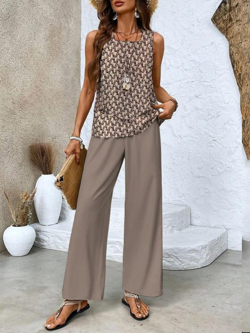 Ladies Two-Piece Set with Leaf Print and Wide Trousers for Summer Style
