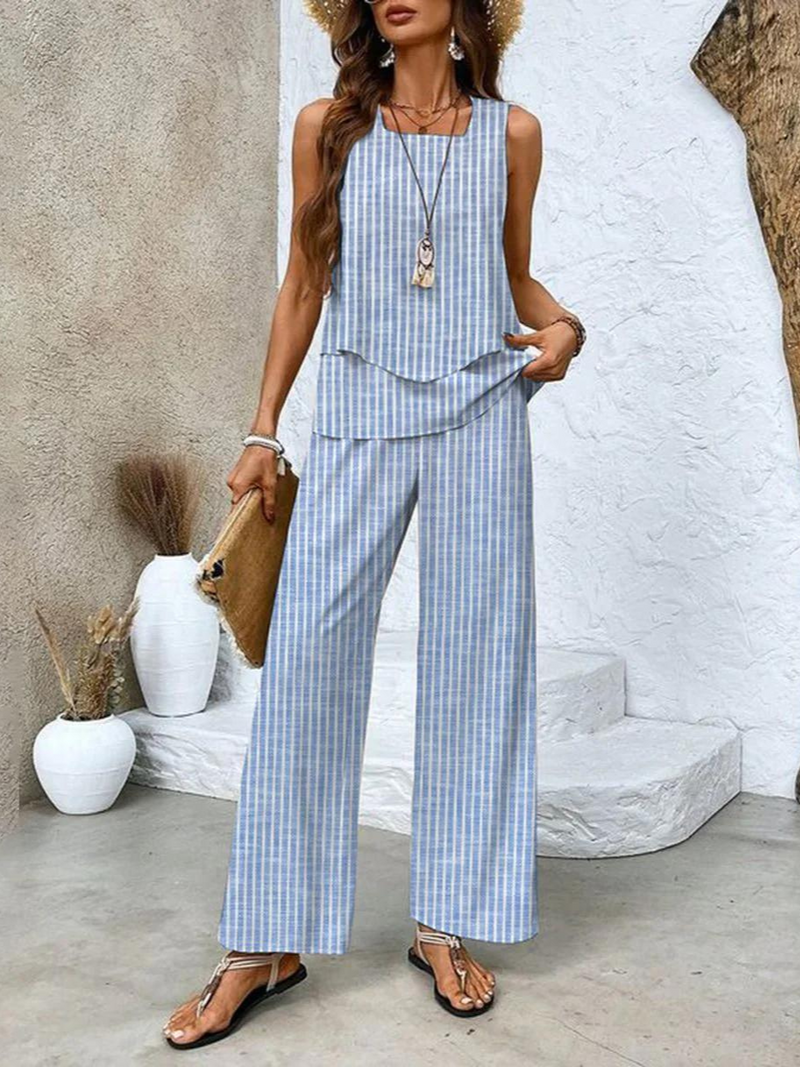 Ladies' Summer Set with Sleeveless Top and Wide Trousers with Leaf Pattern