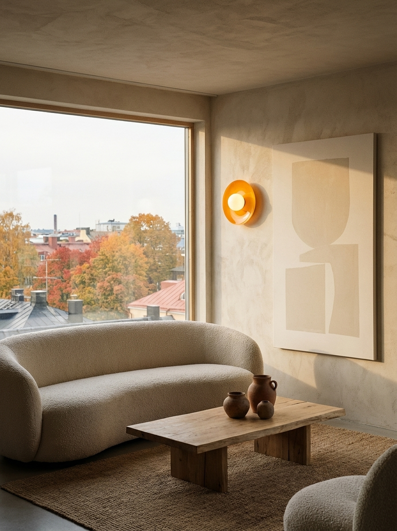 Sculptural Glass Wall Sconce with Central Globe Light & Circular Shade